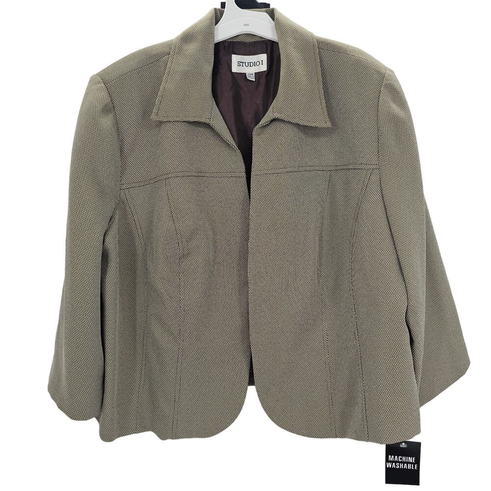 Studio I Womans size 20W Open Front Blazer Brown & White Twill Cropped Lined NEW